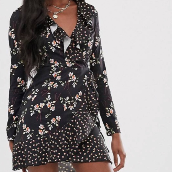 Parisian Brand (Asos) Floral Long Sleeve Frill Wrap Dress - Picture 2 of 5